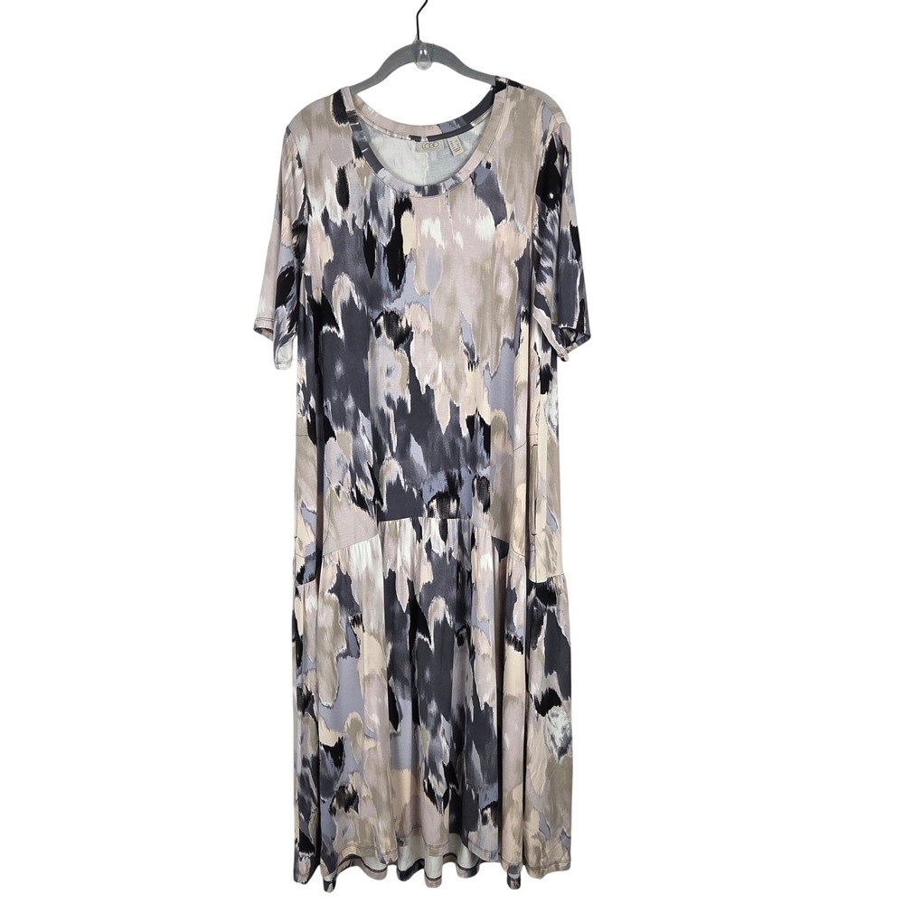 LOGO Gray Neutral Abstract‎ Print Stretch Drop Waist Midi Dress L Flowy Casual
